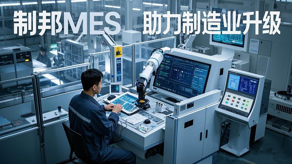 主題為 “制邦MES 助力制造業(yè)升級(jí)”。畫面呈現(xiàn)出一個(gè)現(xiàn)代化的智能工廠，車間里機(jī)械臂有序地工作，在工廠的中控室里，大屏幕上展示著生產(chǎn)數(shù)據(jù)和制邦MES的數(shù)據(jù)分析圖表，一位工程師正在通
